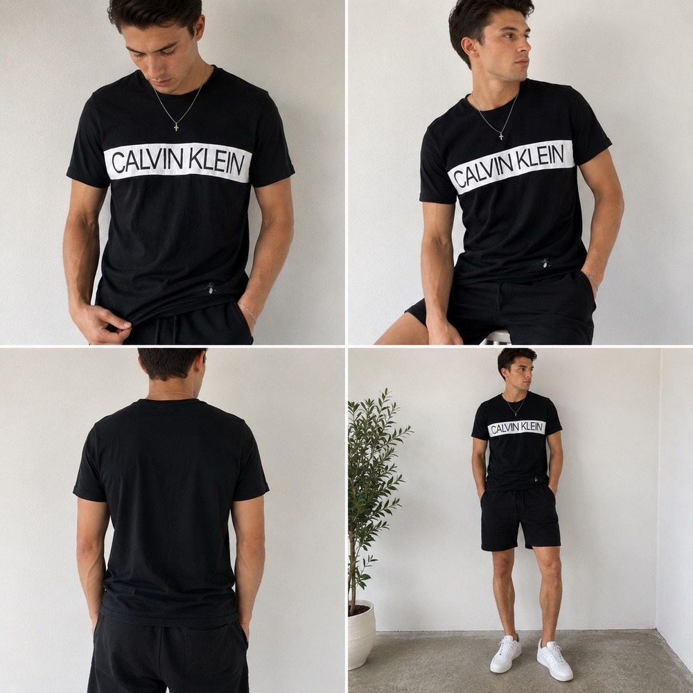 Calvin Klein T-Shirt Mens Large Black Cotton Logo Graphic Tee Casual Shirt